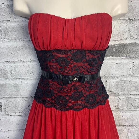 Vintage Y2K Red Sheer Black Lace Corset Strapless Babydoll Dress - Picture 2 of 16